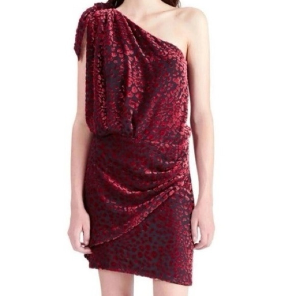 IRO Moon Velvet Animal Print Burgundy Burnout One Shoulder Mini Dress NWT Size 4 - Picture 10 of 10